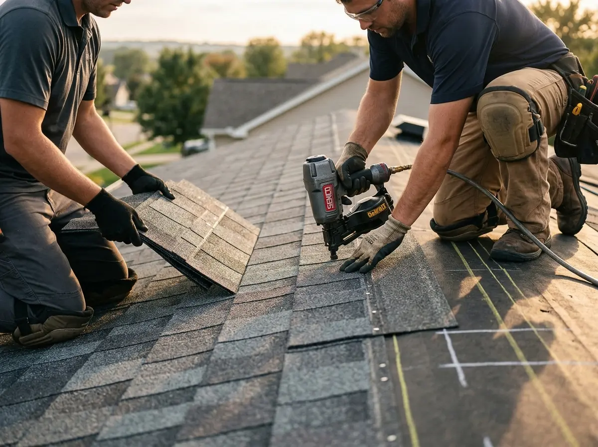Professional roofer working on a residential roof in Grand Haven
